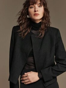 Ontre 2025 New Modern Urban Style Oblique Placket Jacket, Thick Tweed Fabric For Winter, Small Round Collar, Long Sleeve, Loose Shoulder Silhouette, Side Seam Pockets, Women's Business Casual Blazer, Suitable For Business, Commute, And Daily Wear, Autumn