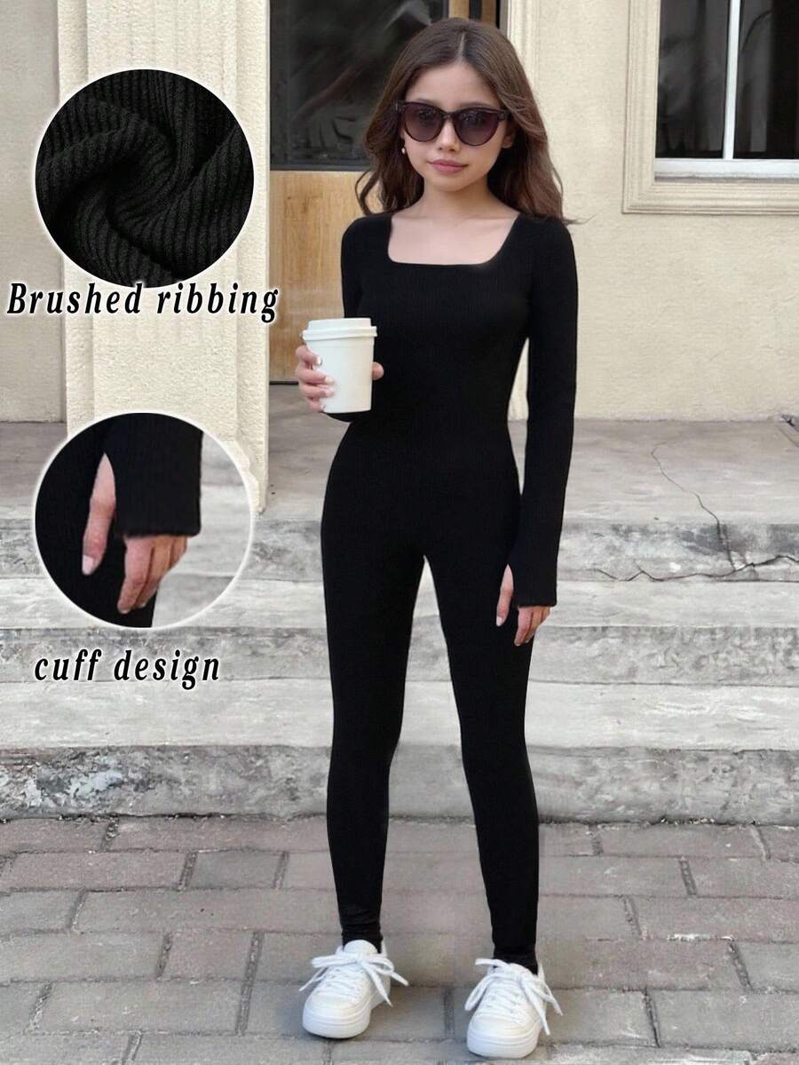 SHEIN 青少年女孩休闲日常简约针织羊毛高领长袖修身纯黑色连体裤，秋冬 - 黑色 - 查看 1