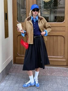 SHEIN Unity Áo khoác gió ngắn tay dài cho nữ, kiểu dáng retro sinh viên, cổ điển, Anh Quốc, trang phục thường ngày thoải mái, nhẹ nhàng, thể thao, du lịch, sân bay, mùa thu - màu nâu - Xem 4