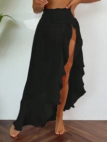 Swim Vcay Springbreak Women Shirred Waist Lotus Leaf Hem Sheer Beach Maxi Dress With Slit For Summer Beach Vacation - Black - View 7