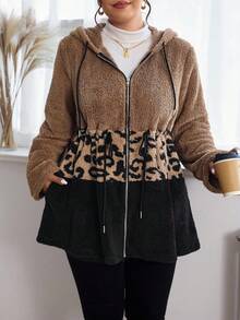 SHEIN Essnce Plus Size Casual Color Block Leopard Print Drawstring Hooded Jacket, Autumn/Winter Brown Jacket Women Brown Hoodie