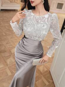 DAZY 女式花卉亮片网眼泡泡袖褶皱设计鱼尾下摆优雅长款派对礼服舞会礼服 - 銀色 - 查看 3