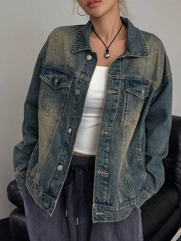 DAZY 女式宽松做旧水洗牛仔夹克，返校服