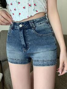 DAZY 女士口袋休闲修身牛仔短裤，百搭牛仔短裤 - 藍色 - 查看 6