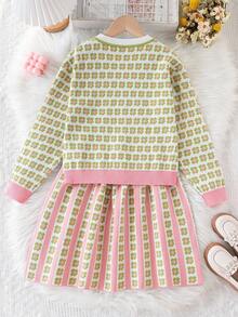 Conjunto de suéter con cuello en V y estampado floral en todo el Body con botones delanteros y falda para niña preadolescente, conjunto de dos piezas estilo preppy para la vuelta al colegio, traje de otoño - Verde - Ver 7