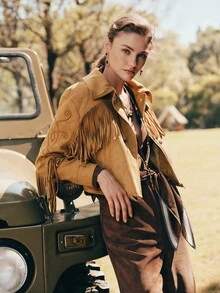 Anewsta Embroidered Tassel Decor Suede Casual Jacket - Brown - View 4