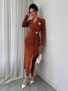 Elenzga Váy dài tay thêu họa tiết bướm nâu cài nút kim loại xếp ly, kiểu Pháp thanh lịch tinh tế cho quý cô công sở, váy ôm eo thon gọn mùa thu/đông - Rỉ Nâu - Xem 4