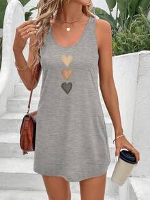 EMERY ROSE Women's Casual Heart Pattern Round Neck Camisole Dress, Suitable For Summer - Light Grey - View 5