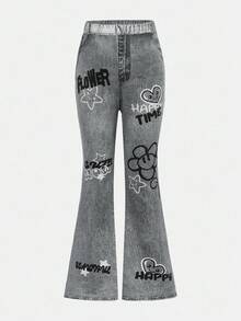 Bộ quần ống loe denim giả cho bé gái tuổi teen, thường ngày, giản dị, đường phố, màu đen, dài tay bó sát - màu đen - Xem 7