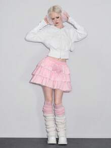 ROMWE Kawaii 女款可爱蓬松绒球装饰蛋糕裙 - 粉色 - 查看 3