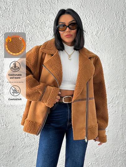 EURMUSE WOMEN SUEDE WITH SHARPA LINING WINTER COAT Brown Jacket Teddy Jacket  Oversized Jacket