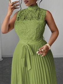 Maweii 女式加大码优雅纯色蕾丝褶腰无袖连衣裙 - 綠色 - 查看 6