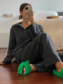 Livesso 极简条纹半扣荷叶边家居服套装，舒适保暖，秋冬睡衣 - 黑色 - 查看 6