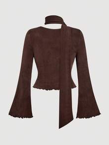 SHEIN MOD Plus Size Women's Retro Brown Chinese Style Flare Sleeve Tie Collar T-Shirt. Christmas