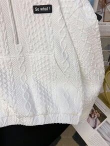 SHEIN Áo sweatshirt crop tay dài cổ tròn màu trắng cho nữ tuổi teen, chất liệu dệt kim chần bông, áo sweatshirt crop tay dài cổ tròn dáng rộng màu trắng, áo sweatshirt khóa kéo màu trắng, áo dệt kim họa tiết màu trắng, áo sweatshirt khóa kéo phong cách Y2K, áo sweatshirt mùa thu đông. - trắng - Xem 5