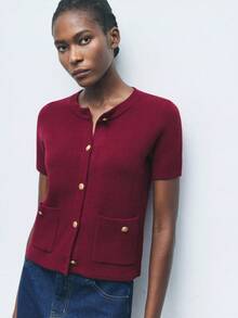 Maija Women's Metal Button Decor Short Sleeve Knit Cardigan, Urban Commute Business Casual Basic Top, Elegant Office, Party & Gathering Wear, Autumn/Winter - Burgundy - View 5