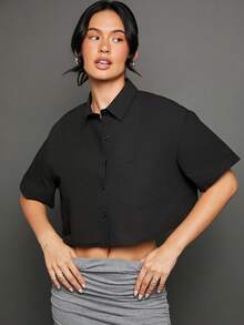 WESTFADE 100% Cotton Casual Cropped Button-Up Boxy Shirt - Black - View 1