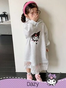DAZY HELLO KITTY AND FRIENDS | SHEIN 少女针织连帽撞色蕾丝长袖羊毛连衣裙 - 淺灰色 - 查看 3