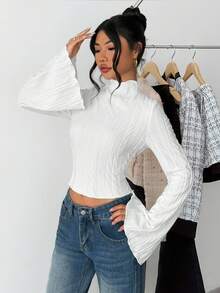 SHEIN 少女优雅针织纹理休闲简约舒适 T 恤上衣，百搭 - 白色 - 查看 2