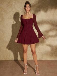 SHEIN BAE Váy ren viền bèo nhún cho nữ - Màu Đỏ Sâu - Xem 5