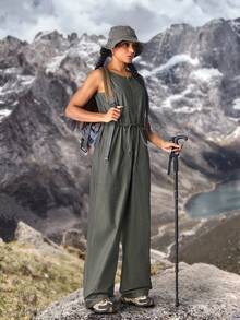 SHEIN EZwear 女式休闲户外简约纯色拉链前抽绳腰部无袖牛仔连体裤 - 綠色 - 查看 4