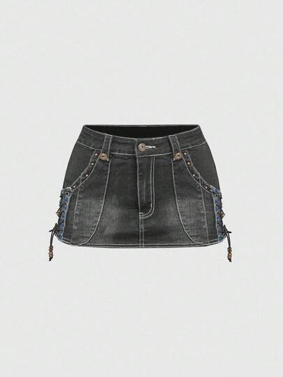 Grunge Punk Y2K Retro Millennium Sexy Pocket Patchwork Furry Drawstring Design Bodycon Mini Skirt (With Leggings)
