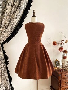 Vintamour Vintage Elegant Women's Corduroy Dress With Pockets Floral Embroidery Button Brown Floral,Autumn,Cottage Core,Tea Party Christmas Holiday Outfits - Brown - View 8