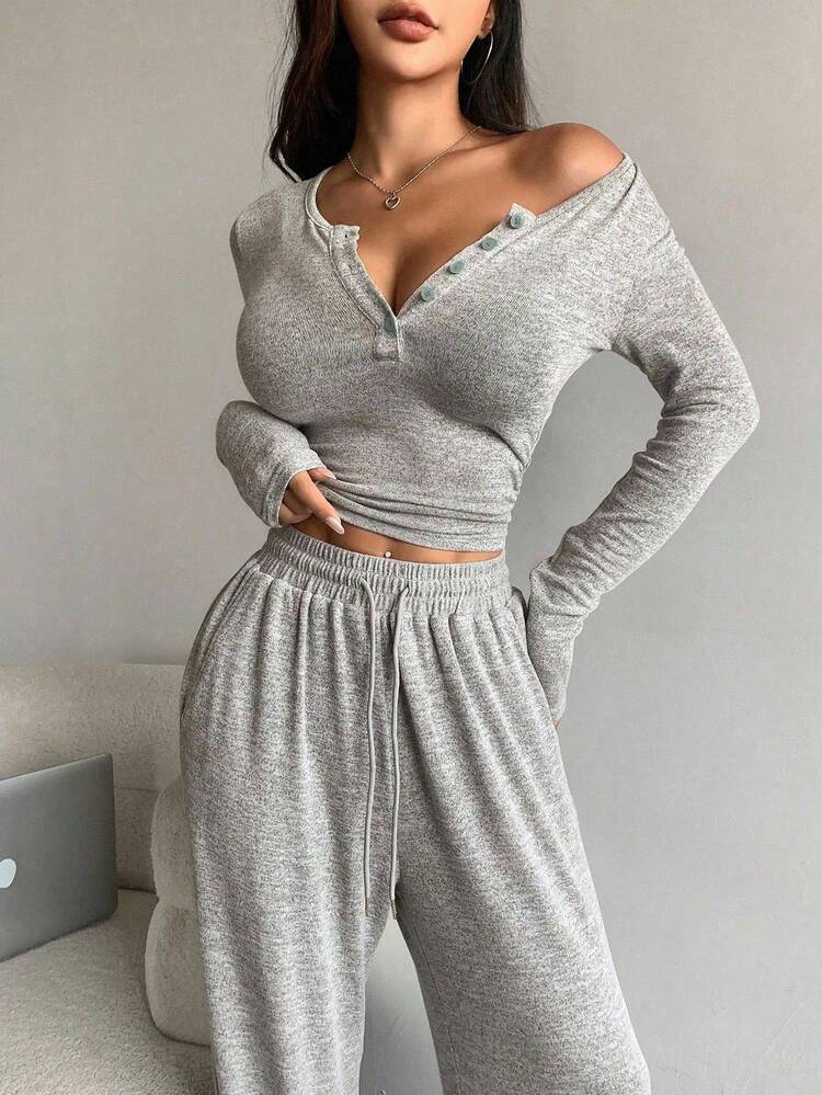 DAZY Women's Solid Color Button Placket Long Sleeve T-Shirt And Pants Two-Piece Set Y2k Lounge Sets For Women - Light Grey - View 9