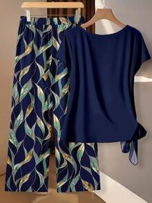 SHEIN Clasi 两件套女士休闲藏蓝色蝴蝶结衬衫和宽松直筒几何印花裤套装，适合初秋穿着 - 彩色 - 查看 2