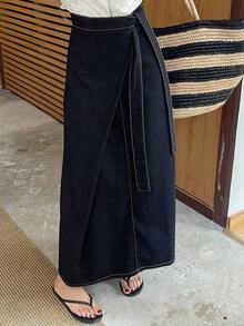 DAZY 女士系带腰身休闲长款牛仔裙 - 深色水洗藍 - 查看 1