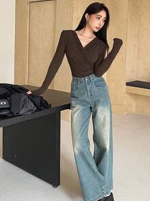 DAZY Women's Warm Fleece Crossed T-Shirt, Fall Clothes Long Sleeve Women Tops, Thermal Lined,Winter