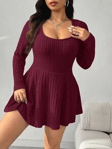 SHEIN EZwear 大码纯色方领连体裤，酒红色，秋季 - 酒紅色 - 查看 4