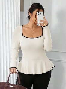 SHEIN Frenchy Sweater Rajut A-Line Leher Persegi Warna Kontras Minimalis Kasual untuk Wanita Ukuran Plus, Serbaguna untuk Musim Gugur/Musim Dingin - Krem - View 2