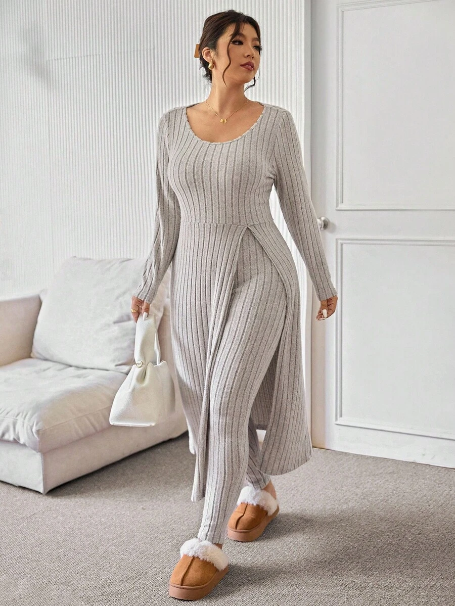 Lounesse 大码纯色罗纹针织长袖上衣和裤子两件套 - 杏色 - 查看 1