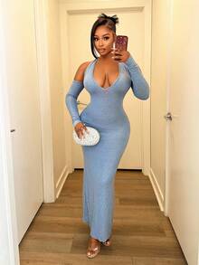 BamGleam Women's Solid Color Backless Hollow-Out Sexy Long Sleeve Dress - Blue - View 4