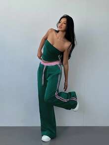 Aloruh Pantalones rectos de cintura baja con cordón, estampado de color contrastante a rayas, estilo deportivo para mujer