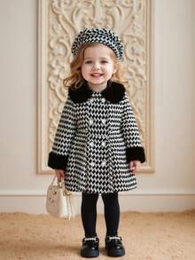 SHEIN Baby Girls' Faux Fur Collar Pearl Double-Breasted Long A-Line Coat, Paired With Matching Beret Hat. The A-Line Silhouette Is Simple Yet Elegant, Suitable For Babies Of Various Body Types. Whether For Daily Outings, Park Playtime, Or Casual Home Wear, Your Little Princess Will Shine Brightly. Fall Winter - Black and White - View 7