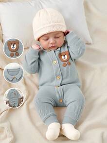 SHEIN Baby Boy Knitted Romper, Peter Pan Collar, Embroidered Bear Design, Cute & Adorable Fall Winter