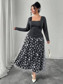 Modelyn Plus Size Women Elegant Knitted Pleated Mesh Patchwork Embroidered Dress - Grey - View 8