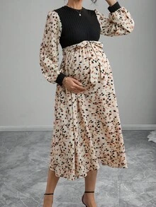 Momance Váy dài tay chắp vá nhiều màu thời trang cho bà bầu - Đen và trắng - Xem 4