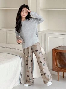 DAZY 2pcs/Set Girls Casual Long Sleeve T-Shirt And Cat Print Pants Homewear Set - Light Grey - View 3