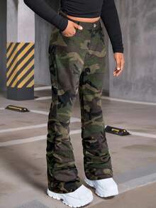 SHEIN Tween Girls Y2K Tree Branch Printed Flared Jeans With Pleats And Flap Pocket Stacked Jeans, Camo Cargo Pants, Teen Girl Camo Pants, Camouflage Jeans, Girls Camo Pants - Army Green - View 7