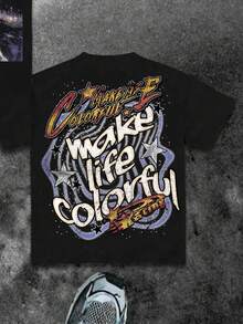 SHEIN Espacio, Universo, Colección elegida por niños, Básico de todos los días, Niños felices, Colores pastel para niños, Estilo biker, Viaje en familia, Días felices, Amo a mamá, Amo a papá, Hogar encantador, Niños geniales, Camiseta de manga corta y cuello redondo minimalista casual para niños preadolescentes, Adecuada para el verano - Negro - Ver 3