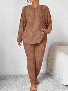 SHEIN Frenchy Conjunto de 2 piezas de top y pantalones de unicolor informal de talla grande - Naranja - Ver 3