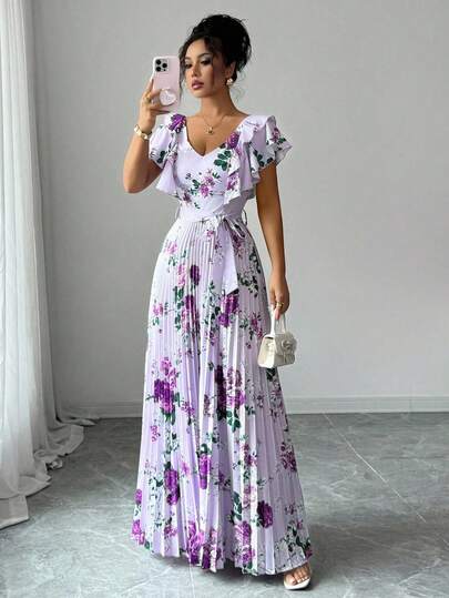 Elenzga Carnival Purple Collar Digital Print Vacation Style Ruffle Waist A-Line Elegant Romantic Women Dress, Suitable For Date, Tea Party, Travel, Countryside