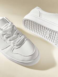 CUCCOO EASI Women's Round Toe Lace-Up Casual Sneakers, Flat Comfortable Athletic Shoes For Students - White - View 4