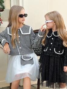 SHEIN Tween Girls Cute Houndstooth Collar Long Sleeve Short Jacket Top & White Mesh Skirt 2 Pieces Set, Comfortable Autumn/Winter Fall - Black - View 3