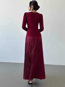 Firerie Women's Elegant Burgundy Autumn Square Neck Pearl Long Sleeve Pleated Hem A-Line Maxi Dress,Refined Dining Party Christmas New Year Clothes - Red Violet - View 5