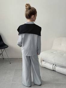 Tween Girls Striped Long Sleeve Shirt And Wide Leg Striped Pants With Shawl 2 Pieces Casual Set - Black - View 2