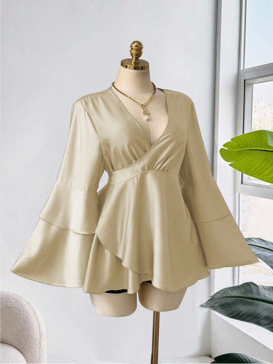 SHEIN Sweetro 大码女式绿色缎面荷叶边袖休闲衬衫 - 杏色 - 查看 1